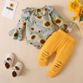 2pcs Baby Girl 95% Cotton Ripped Pants and Allover Sunflower Print Pinstriped Ruffle Trim Flare-sleeve Romper Set Yellow image 1