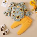 2pcs Baby Girl 95% Cotton Ripped Pants and Allover Sunflower Print Pinstriped Ruffle Trim Flare-sleeve Romper Set Yellow image 3