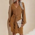 Maternity Pure Color Long-sleeve Belted Sweater Dress Khaki