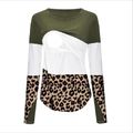 Maternity Round collar Leopard Color block Long-sleeve Nursing Tee Brown