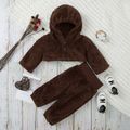 Baby 2pcs Brown Fuzzy Fleece Long-sleeve Hooded Crop Outwear and Trousers Set Brown