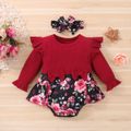2pcs Baby Girl Red Ribbed Ruffle Long-sleeve Splicing Floral Print Skirted Romper Set Burgundy image 1