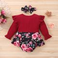 2pcs Baby Girl Red Ribbed Ruffle Long-sleeve Splicing Floral Print Skirted Romper Set Burgundy
