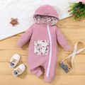 100% Cotton Baby Girl Pink Splicing Floral Print Thickened Long-sleeve Hooded Zip Jumpsuit Pink