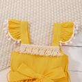 100% Cotton Baby Girl Yellow Flutter-sleeve Pom Poms Belted Jumpsuit Yellow