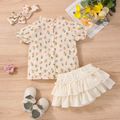 3pcs Baby Girl Floral Print Frill Collar Short Puff Sleeve Top and Layered Ruffle Waffle Shorts with Headband Set Beige