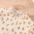 3pcs Baby Girl Floral Print Frill Collar Short Puff Sleeve Top and Layered Ruffle Waffle Shorts with Headband Set Beige
