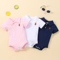 100% Cotton Baby Boy Cartoon Bear Embroidered Polo Collar Short-sleeve Romper White image 1