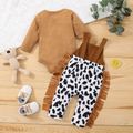 100% Cotton 2pcs Baby Girl Solid Long-sleeve Romper and Cow Print Ruffle Jumpsuit Set Multi-color