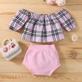 2pcs Baby Girl Pink Plaid Off Shoulder 3/4 Sleeve Top and Solid Shorts Set Pink