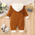 Baby Girl Bear Embroidered 3D Ears Hooded Ruffle Long-sleeve Waffle Jumpsuit Brown