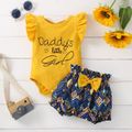 2pcs Baby Girl 95% Cotton Flutter-sleeve Letter Print Romper and Bowknot Geometric Print Shorts Set Ginger image 1