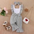 2pcs Baby Girl Rib Knit Splice Plaid Ruffle Trim Bow Front Bell Bottom Overalls with Headband Set Multi-color
