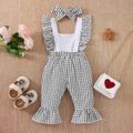 2pcs Baby Girl Rib Knit Splice Plaid Ruffle Trim Bow Front Bell Bottom Overalls with Headband Set Multi-color