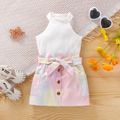 2pcs Toddler Girl White Ribbed Halter Camisole and Tie Dyed Pocket Design Skirt Set White