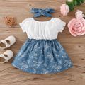 2pcs Baby Girl 100% Cotton Denim Floral Print Spliced Lace Short-sleeve Dress with Headband Set White