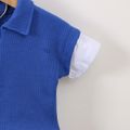 2pcs Toddler Boy Trendy Faux-two Zipper Lapel Collar Waffle Tee and Shorts Set Deep Blue image 5