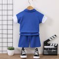 2pcs Toddler Boy Trendy Faux-two Zipper Lapel Collar Waffle Tee and Shorts Set Deep Blue image 3