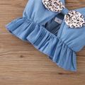 2pcs Toddler Girl Leopard Print Bowknot Design Cut Out Ruffle Denim Camisole and Belted Shorts Set Multi-color