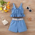 2pcs Toddler Girl Leopard Print Bowknot Design Cut Out Ruffle Denim Camisole and Belted Shorts Set Multi-color image 2