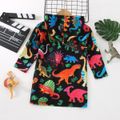 Toddler Girl Colorful Animal Dinosaur Print Long-sleeve Hooded Sweatshirt Dress Black
