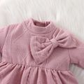 2pcs Baby Girl Solid Textured Thickened Long-sleeve Mock Neck Bow Front Dress with Headband Set Pink image 3