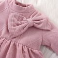 2pcs Baby Girl Solid Textured Thickened Long-sleeve Mock Neck Bow Front Dress with Headband Set Pink image 4