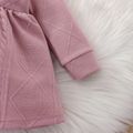2pcs Baby Girl Solid Textured Thickened Long-sleeve Mock Neck Bow Front Dress with Headband Set Pink image 5