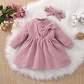 2pcs Baby Girl Solid Textured Thickened Long-sleeve Mock Neck Bow Front Dress with Headband Set Pink image 1