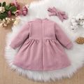 2pcs Baby Girl Solid Textured Thickened Long-sleeve Mock Neck Bow Front Dress with Headband Set Pink image 2