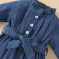 2pcs Baby Girl Solid Denim Frill Mock Neck Belted Long-sleeve Button Front Jumpsuit with Headband Set Blue image 4