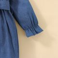 2pcs Baby Girl Solid Denim Frill Mock Neck Belted Long-sleeve Button Front Jumpsuit with Headband Set Blue image 5