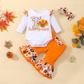 Thanksgiving Day 3pcs Baby Girl 95% Cotton Ruffle Long-sleeve Turkey & Letter Print Romper and Flared Pants with Headband Set OffWhite image 1