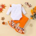 Thanksgiving Day 3pcs Baby Girl 95% Cotton Ruffle Long-sleeve Turkey & Letter Print Romper and Flared Pants with Headband Set OffWhite image 2