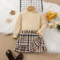 2pcs Toddler Girl Sweet Ruffle Collar Ribbed Cotton Tee and Ruffled Plaid Skirt Set Creamcolored image 1