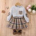2pcs Toddler Girl Preppy style Pocket Design Sweatshirt and Plaid Skirt Set Grey image 3