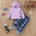 2pcs Toddler Girl Sweet Ripped Denim Jeans and Butterfly Print Hoodie Sweatshirt Set Purple image 1