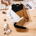 2pcs Toddler Boy Trendy Colorblock Fleece Sweatshirt and Pants Set Brown image 1