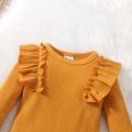 2pcs Baby Girl Solid Ruffle Trim Long-sleeve Ribbed Romper and Animal Embroidered Denim Skirt Set Ginger image 4