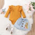 2pcs Baby Girl Solid Ruffle Trim Long-sleeve Ribbed Romper and Animal Embroidered Denim Skirt Set Ginger image 1