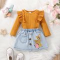 2pcs Baby Girl Solid Ruffle Trim Long-sleeve Ribbed Romper and Animal Embroidered Denim Skirt Set Ginger image 3