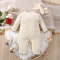 2pcs Baby Girl Floral Embroidered Ribbed Ruffle Trim Long-sleeve Jumpsuit with Headband Set OffWhite image 2