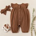 2pcs Baby Girl 100% Cotton Solid/Floral-print Flutter-sleeve Snap Romper with Headband Set Khaki