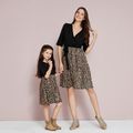 Mosaic Leopard V-neck Bowknot Dresses for Mommy and Me Black