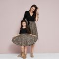 Mosaic Leopard V-neck Bowknot Dresses for Mommy and Me Black