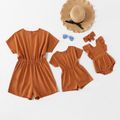 Casual Solid Short-sleeve Rompers for Mommy and Me Orange red