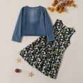 Kids Girl Bowknot Denim Coat and Flower Allover Dress Set Deep Blue