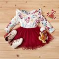Baby / Toddler Girl Floral Flare Shoulder Splice Tulle Long-sleeve Dress Red