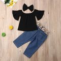 3-piece Baby Solid Flutter-sleeve Off Shoulder Top and Leopard Print Bowknot Nine-minute Jeans Set Black image 2