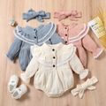 100% Cotton Crepe 2pcs Baby Girl Solid Ruffle Lace Long-sleeve Romper with Headband Set Beige